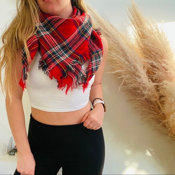 NORDSTROM Red White Acrylic Plaid Checked Tassel Fringe Oversize Fall Cozy Scarf - Picture 1 of 6